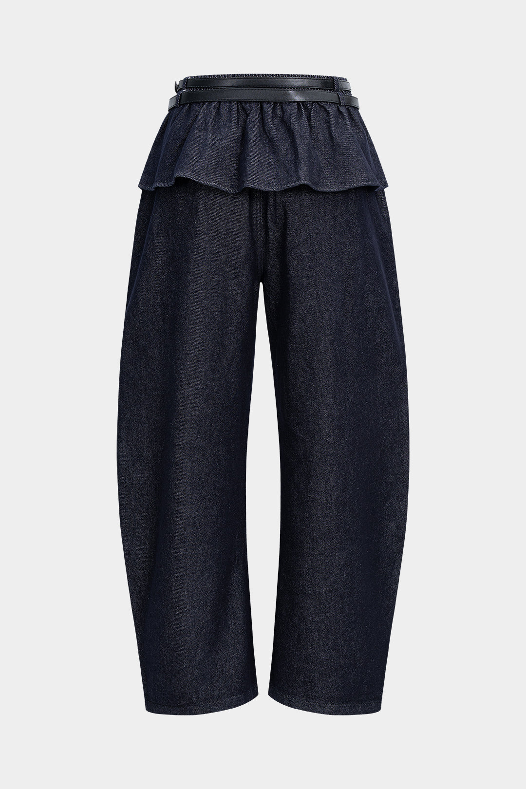 "Denim Belted Shirred Jeans"