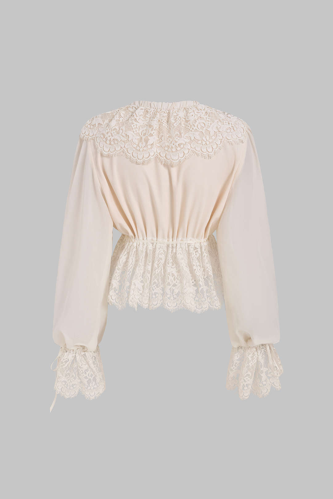 "Chiffon Patchwork Lace Trim Drawstring Long Sleeve Shirt"