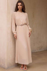 "Chiffon Round Neck Belted Pleated Long Sleeve Midi Dress"