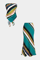 "Contrast Stripes Print Satin Tie Back Tube Top And High Waist Skirt Set"