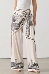 "Artistic Print Satin Ruched Asymmetrical Wide Leg Pants"