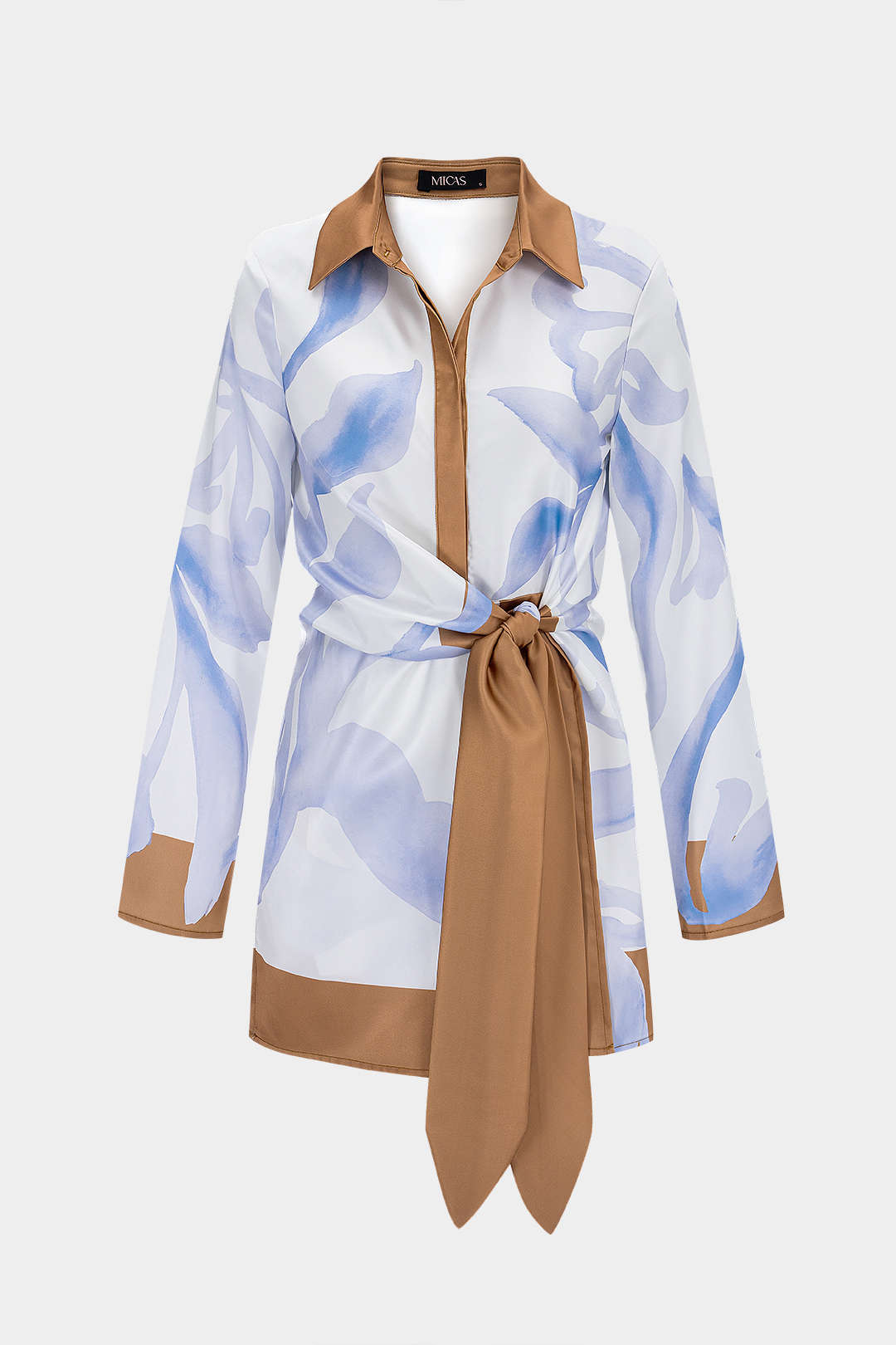 "Contrast Leaves Print Satin Tie Front Long Sleeve Mini Dress"