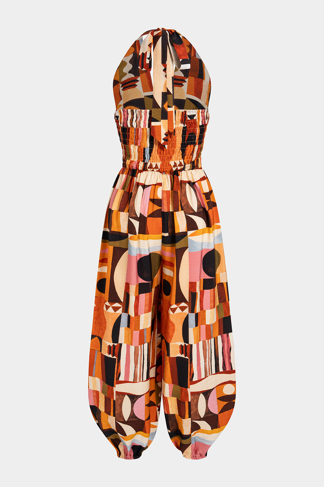 "Colorblock Print Halter V-Neck Tie-Up Smocked Balloon Jumpsuit"