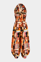 "Colorblock Print Halter V-Neck Tie-Up Smocked Balloon Jumpsuit"