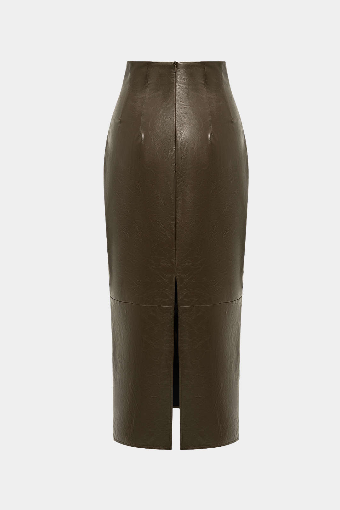 "Basic Solid Faux Leather Midi Skirt"