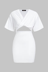 "Crossed V-Neck Cut Out Ruched Belted Short Sleeve Midi Dress"