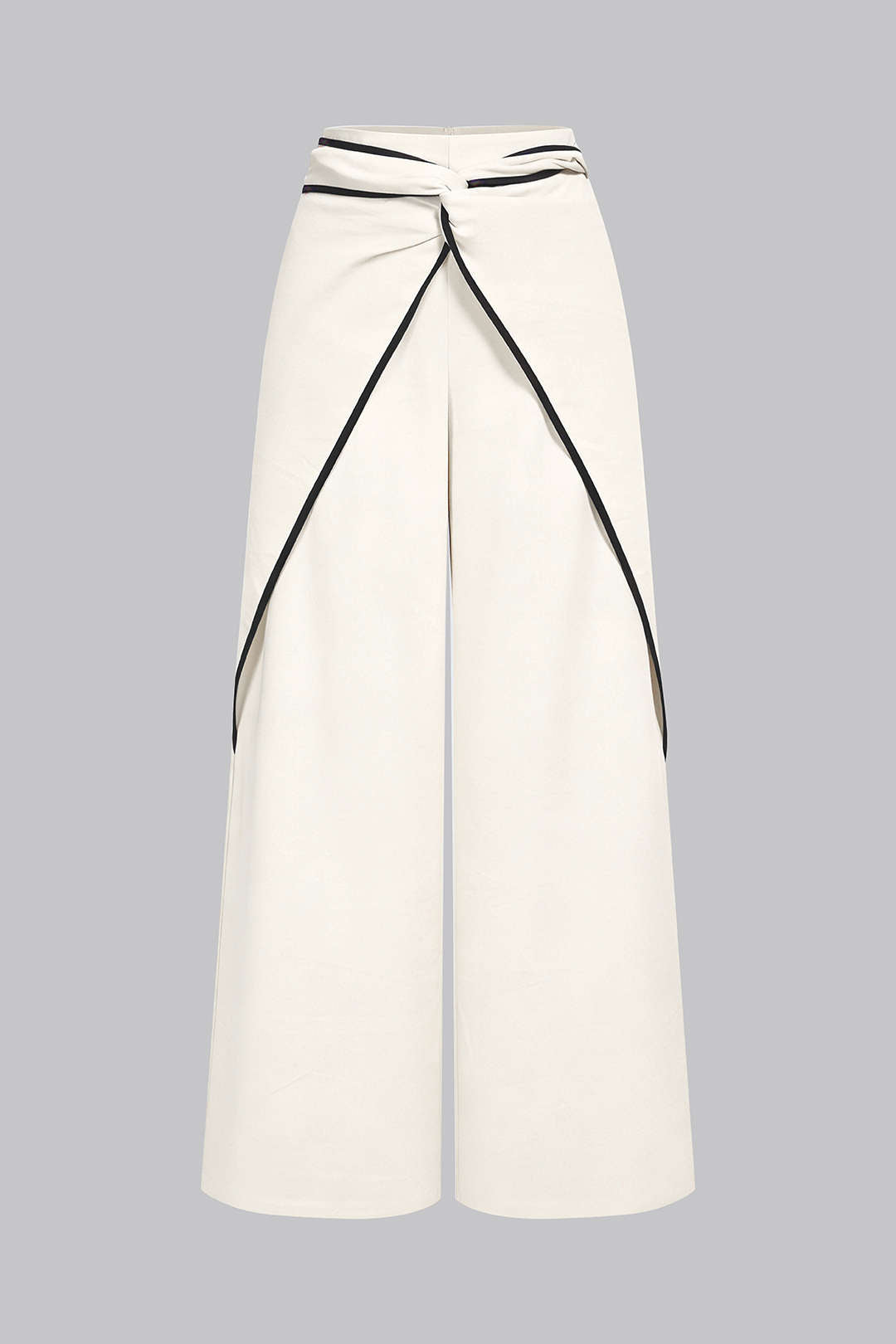 "Contrast Binding Linen Ruched Twist Knot Wide Leg Pants"