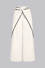 "Contrast Binding Linen Ruched Twist Knot Wide Leg Pants"