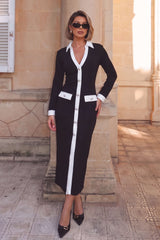 "Contrast Trim V-Neck Button Long Sleeve Maxi Dress"