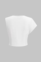 "Asymmetrical Draped Cowl Neck Short-Sleeve Shirt"