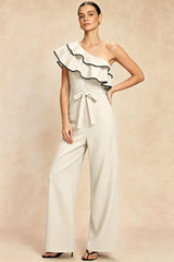 "Contrast Binding One Shoulder Ruffle Belted Sleeveless Jumpsuit"