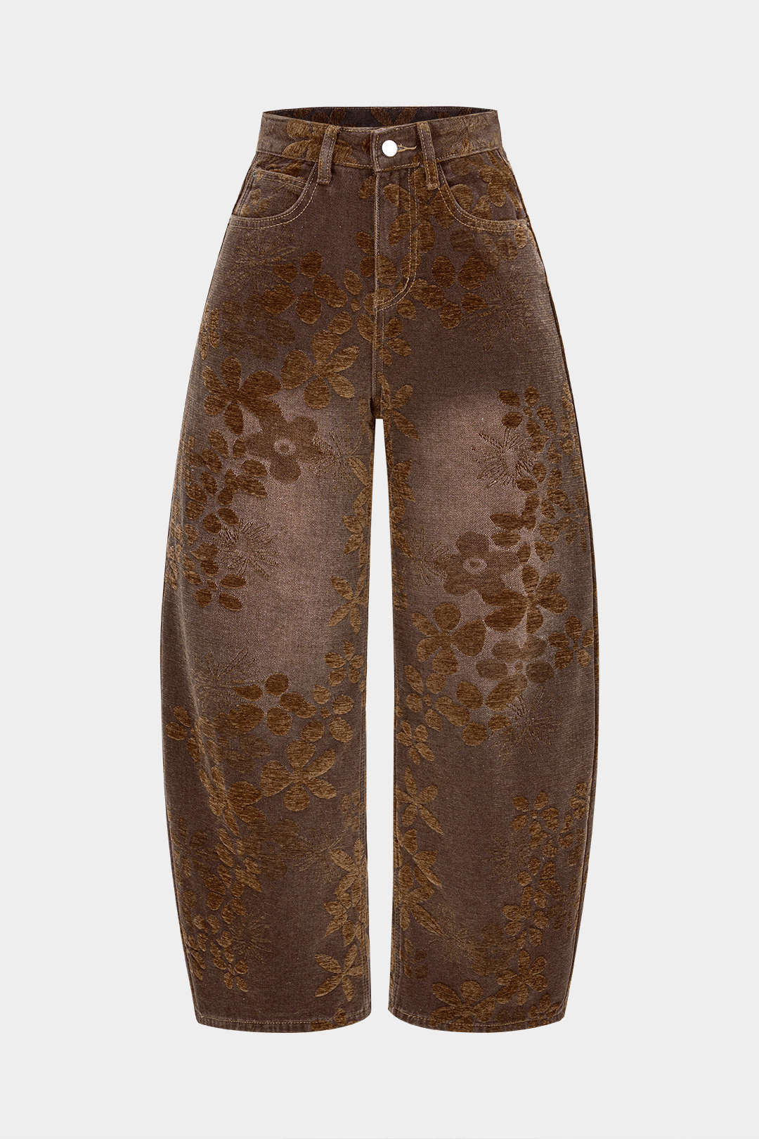 "Denim Floral Print High-Waist Pocket Jeans"