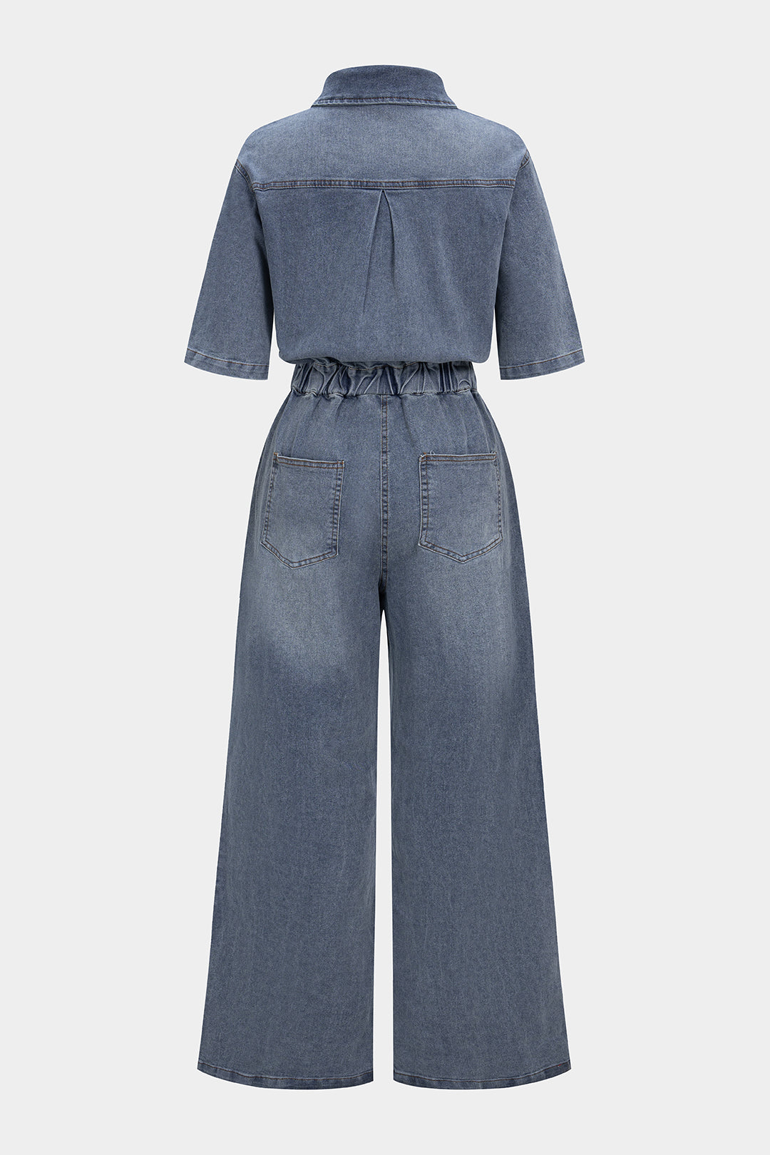 "Denim Button Drawstring Pocket Short-Sleeve Jumpsuit"