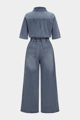 "Denim Button Drawstring Pocket Short-Sleeve Jumpsuit"
