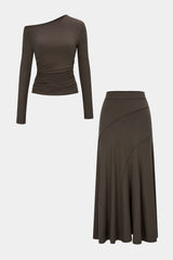 "Asymmetrical Neck Long-Sleeve Top And Stitching Detail Skirt Set"