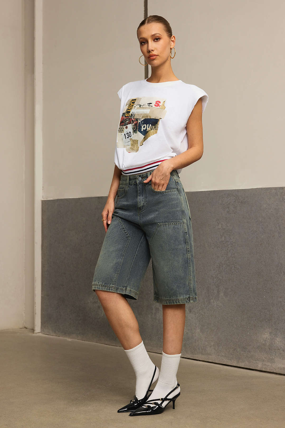 "Car Letter Digital Pattern Print Loose Sleeveless T-Shirt"