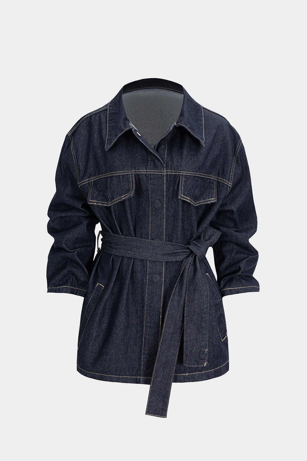 "Denim Belted Long Sleeve Shirt"