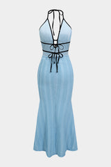 "Contrast Halter Neck Tie-Up Cut Out Backless Maxi Dress"