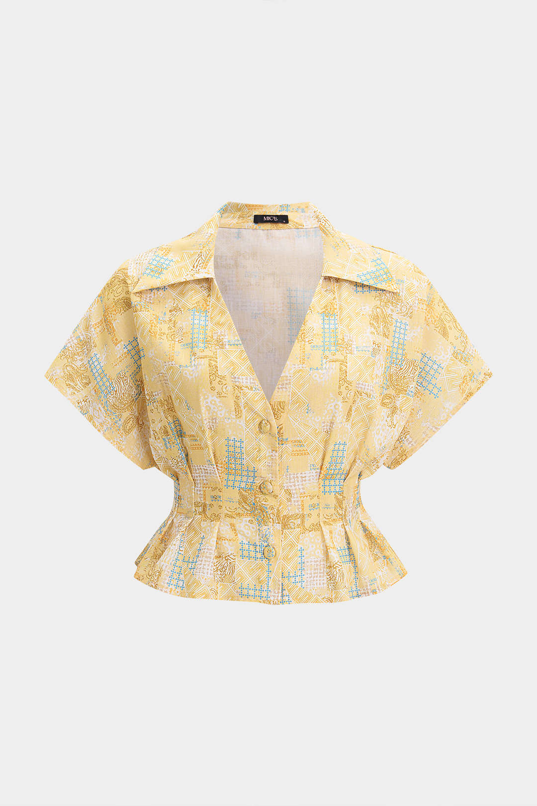 "Artistic Print V-Neck Ruched Short Sleeve Top"