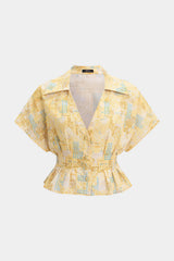 "Artistic Print V-Neck Ruched Short Sleeve Top"