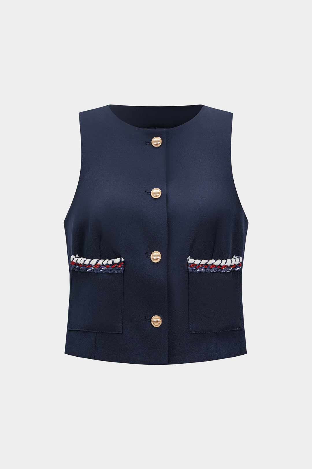 "Contrast Pocket Round Neck Metallic Button Tank Top"