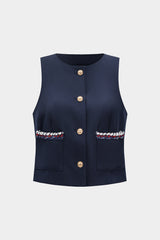 "Contrast Pocket Round Neck Metallic Button Tank Top"