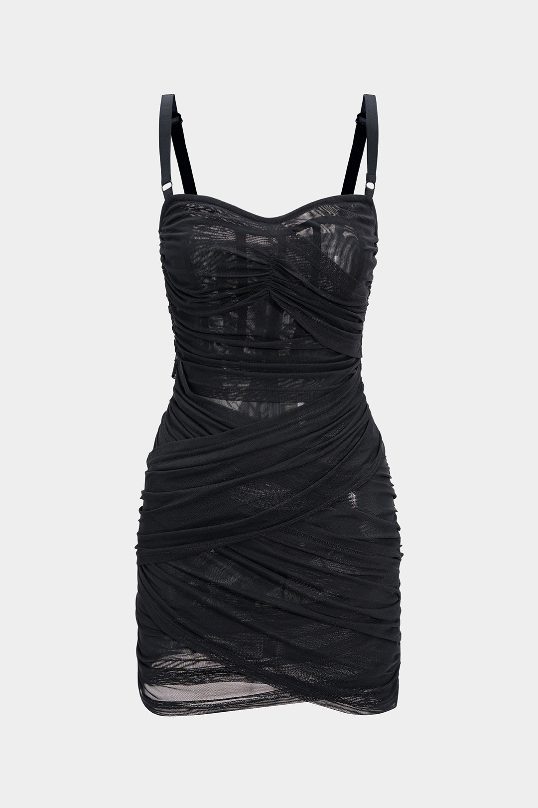 "Asymmetrical Ruched Mesh Sleeveless Mini Dress"