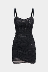 "Asymmetrical Ruched Mesh Sleeveless Mini Dress"