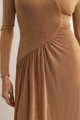 "Asymmetrical Neck Long Sleeve Midi Dress"