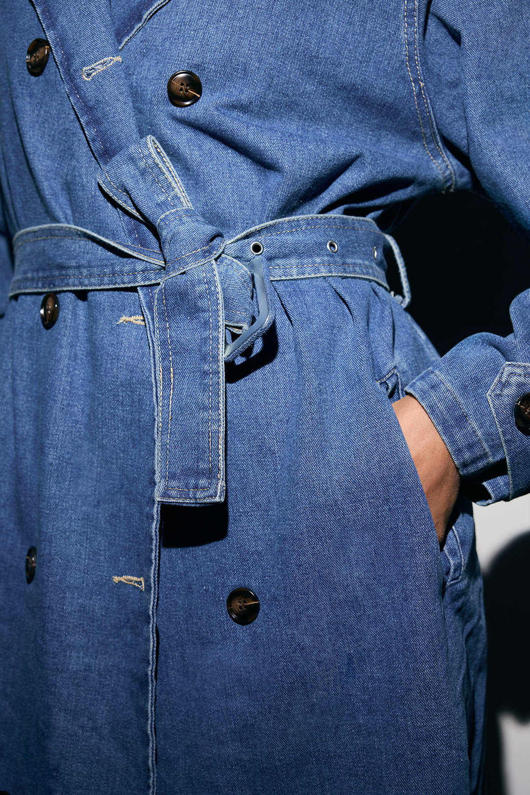 "Denim Double-Breasted Belted Mid-Long Outerwear"