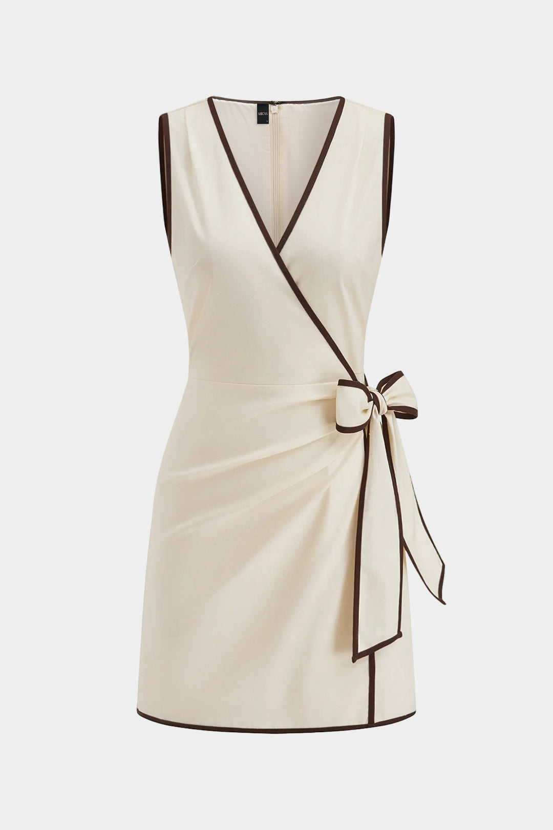 "Contrast Binding Linen Asymmetrical Bow V-Neck Sleeveless Mini Dress"