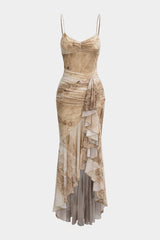 "Abstract Print Asymmetrical Ruched Ruffle Hem Slip Sleeveless Maxi Dress"