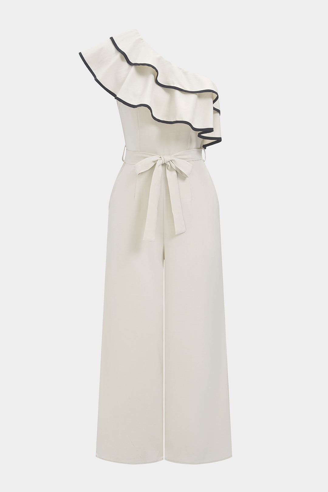 "Contrast Binding One Shoulder Ruffle Belted Sleeveless Jumpsuit"
