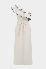 "Contrast Binding One Shoulder Ruffle Belted Sleeveless Jumpsuit"