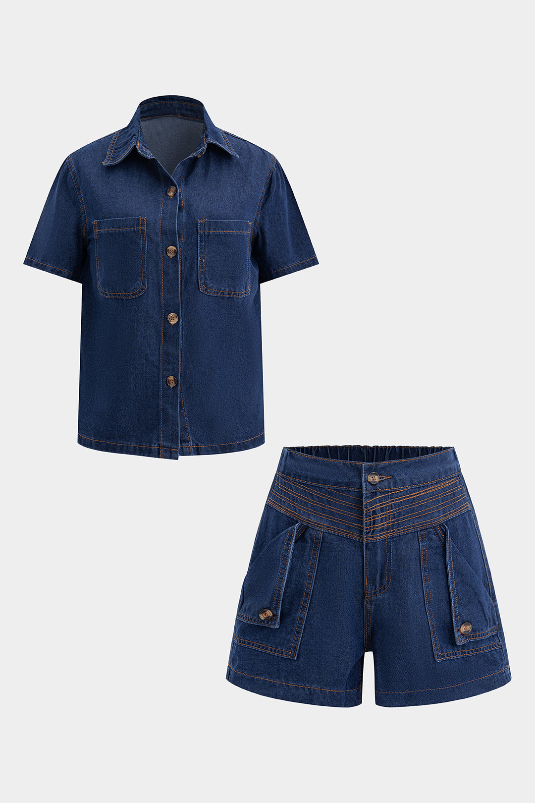 "Denim Button Short-Sleeve Shirt And Pocket Shorts Set"