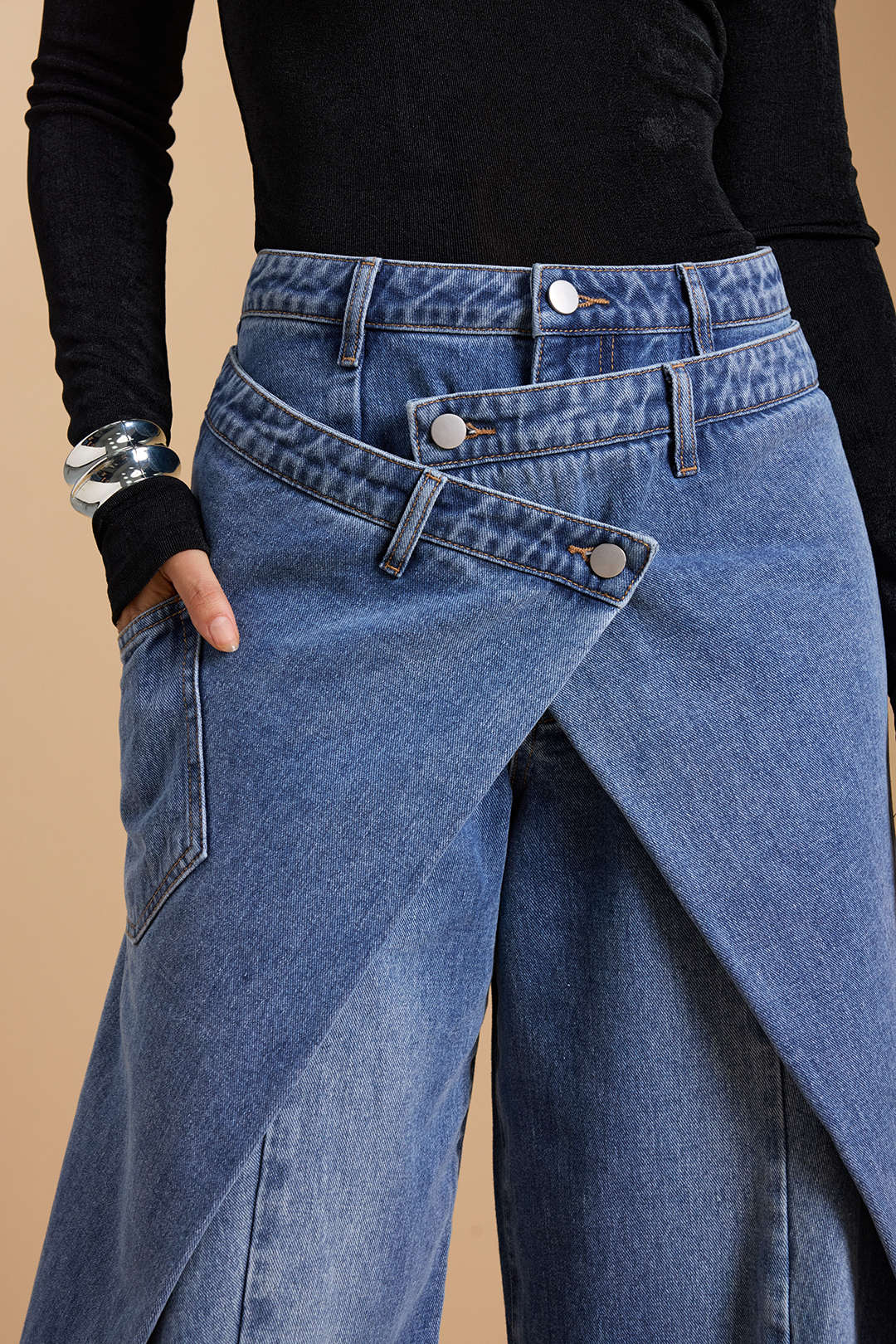"Denim Asymmetric Button Jeans"
