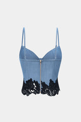 "Denim Lace Trim Zipper Cami Top"