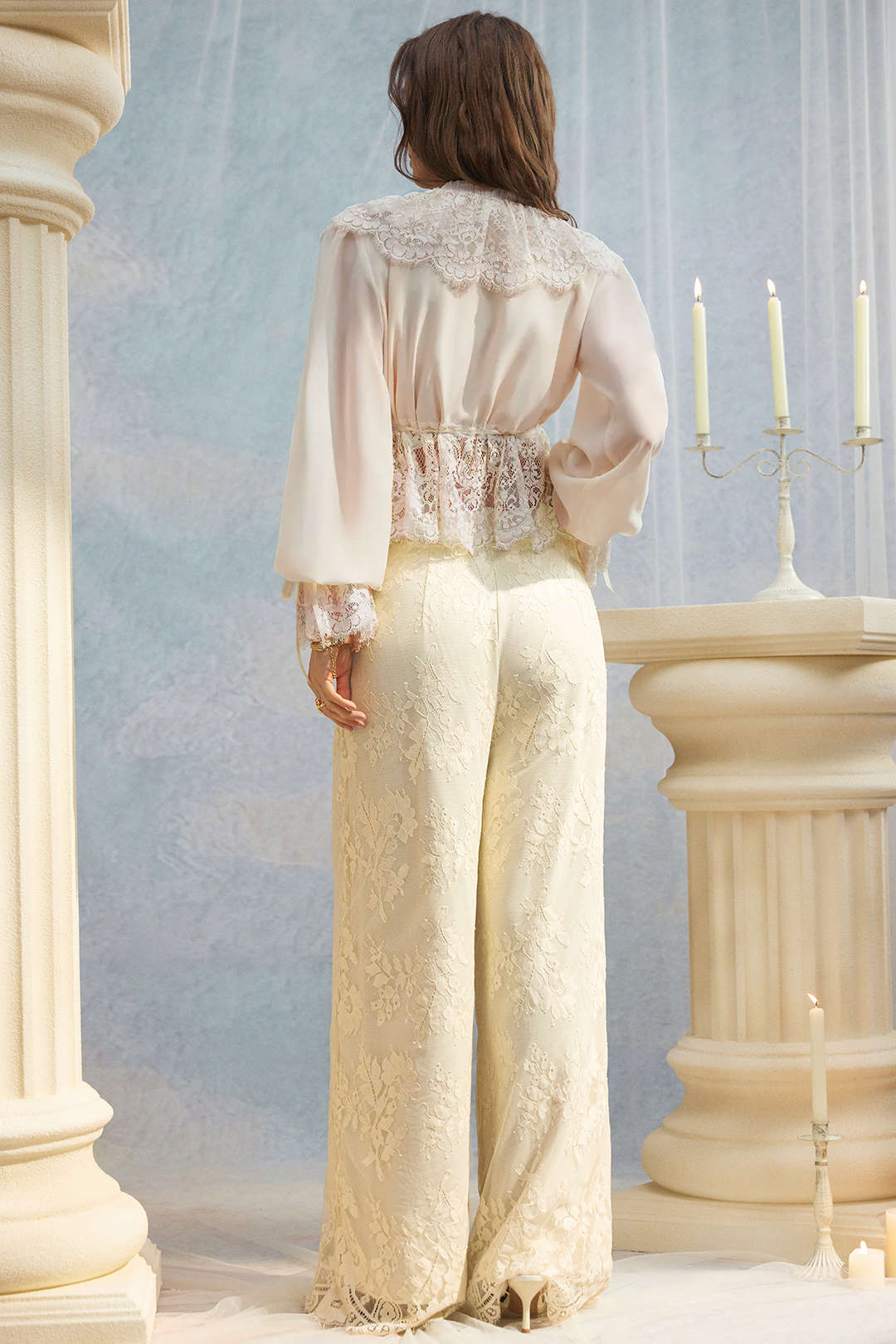 "Chiffon Patchwork Lace Trim Drawstring Long Sleeve Shirt"