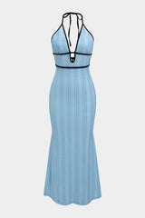 "Contrast Halter Neck Tie-Up Cut Out Backless Maxi Dress"
