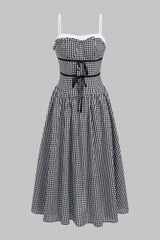 "Contrast Plaid Print Tie Front Sleeveless Midi Dress"