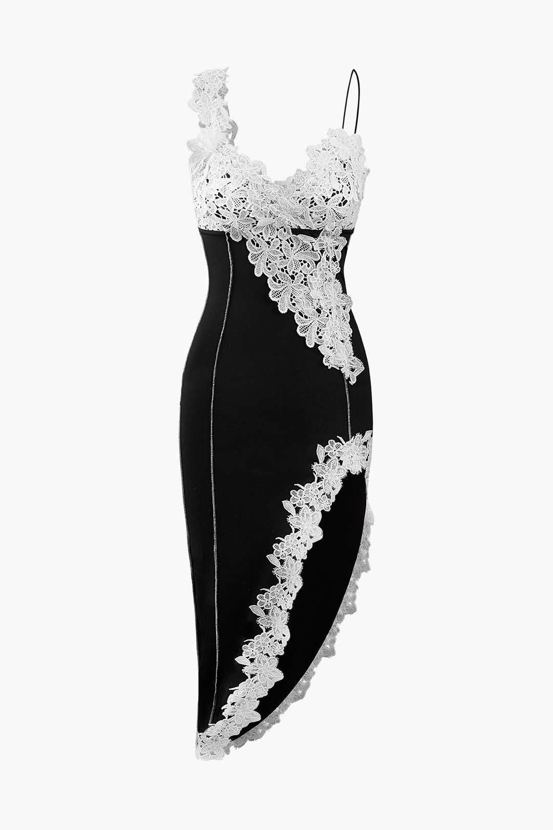 "Asymmetric Lace Panel Midi Dress"