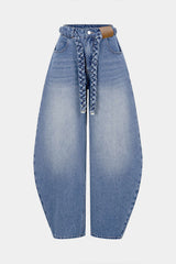 "Denim Belted Pocket Wide Leg Jeans"