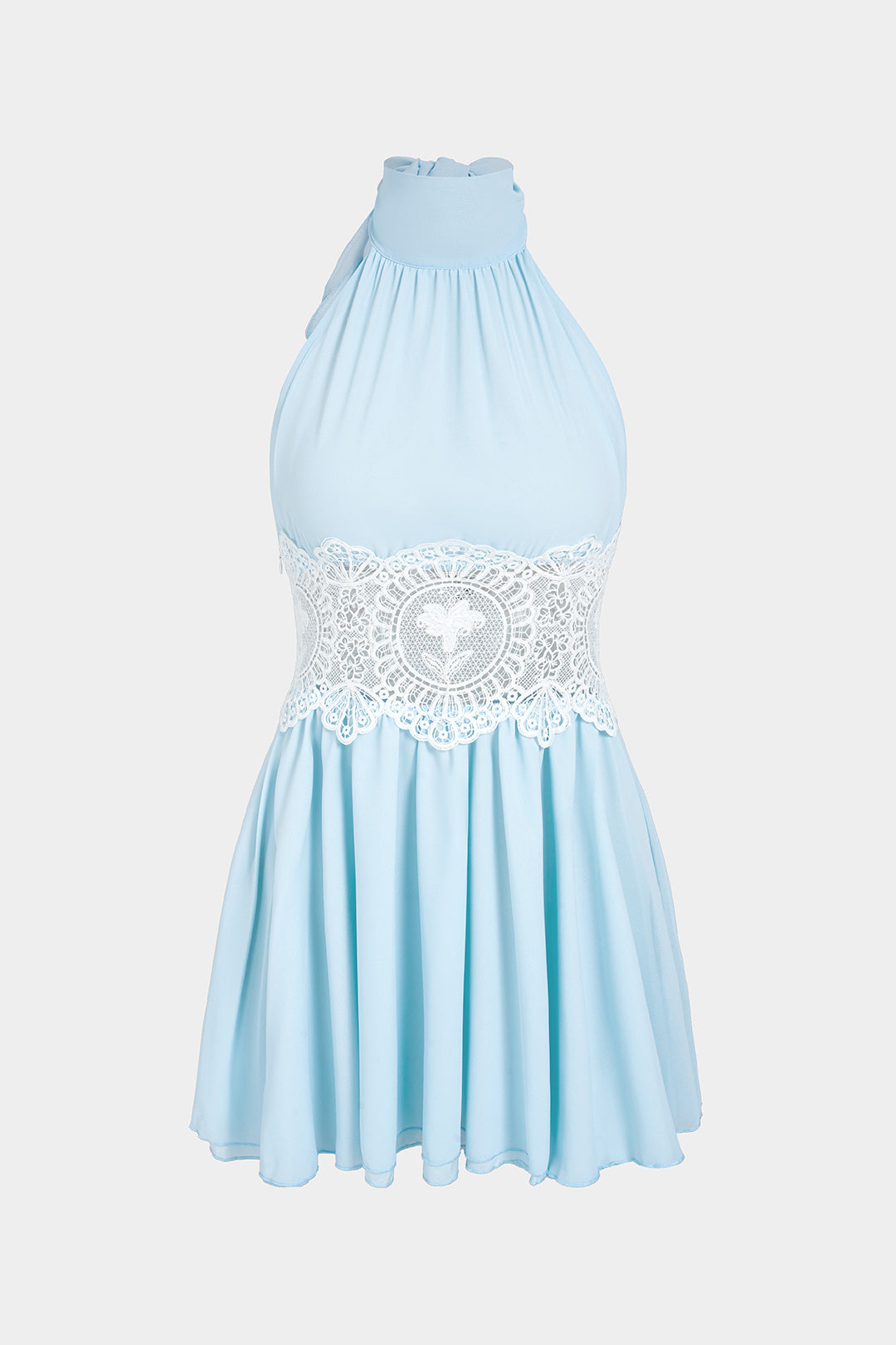 "Chiffon Patchwork Lace Halter Neck Tie-Up Backless Cut Out Sleeveless Mini Dress"