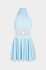 "Chiffon Patchwork Lace Halter Neck Tie-Up Backless Cut Out Sleeveless Mini Dress"