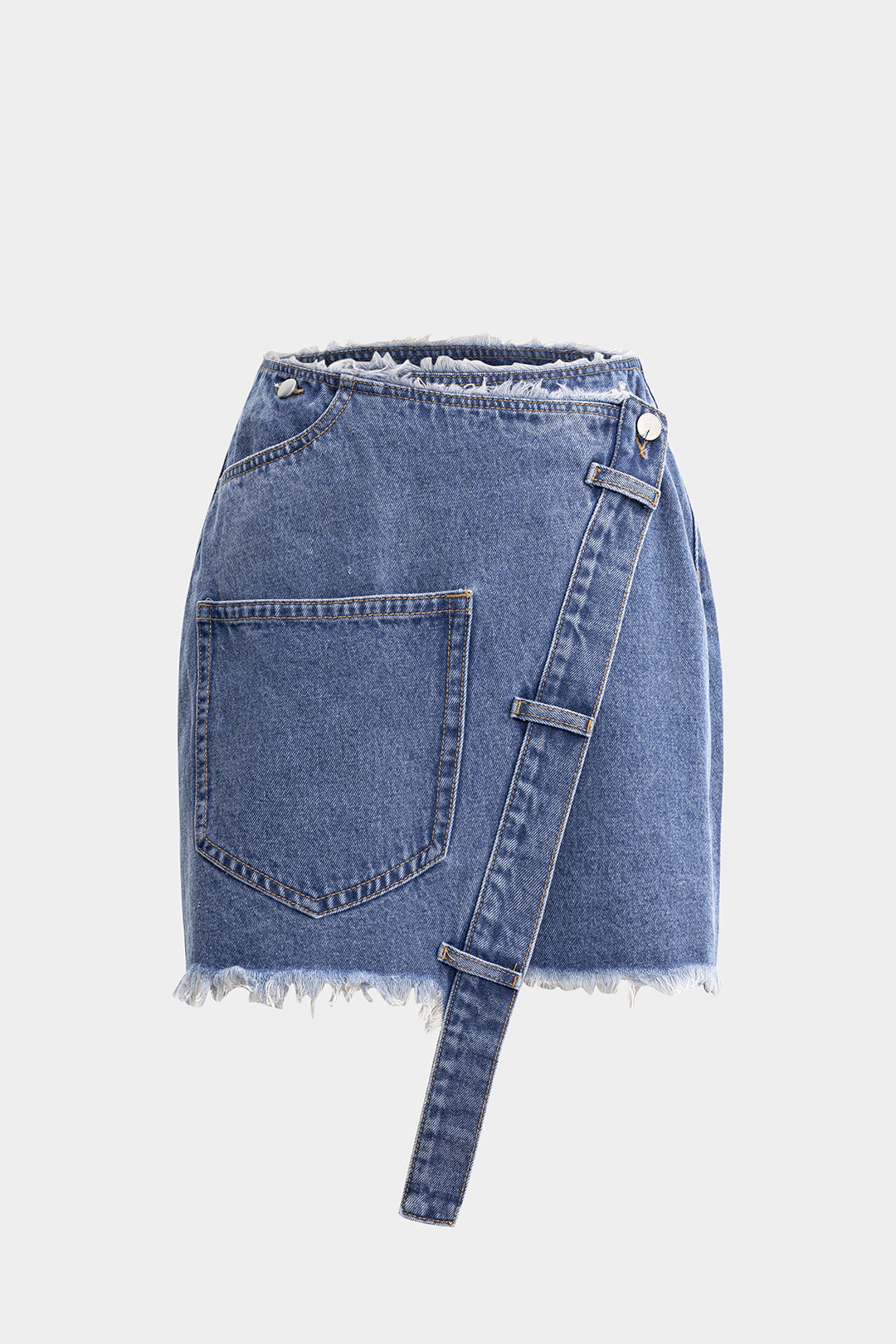 "Denim Asymmetrical Pocket Frayed Skirt"