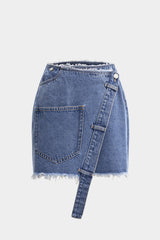 "Denim Asymmetrical Pocket Frayed Skirt"