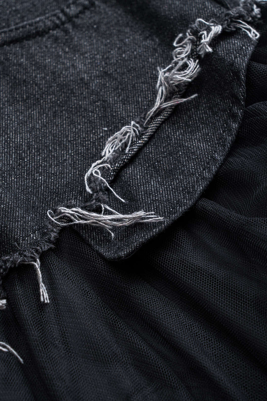 "Denim Mesh Patchwork Belted Button Pocket Skirt"