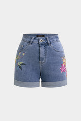 "Denim Embroidery Shorts"