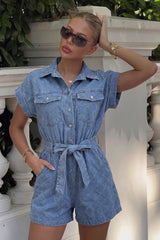 "Denim Lapel Belted Pocket Short Sleeve Romper"
