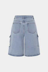 "Denim Digital Letter Print Pocket High Waist Shorts"